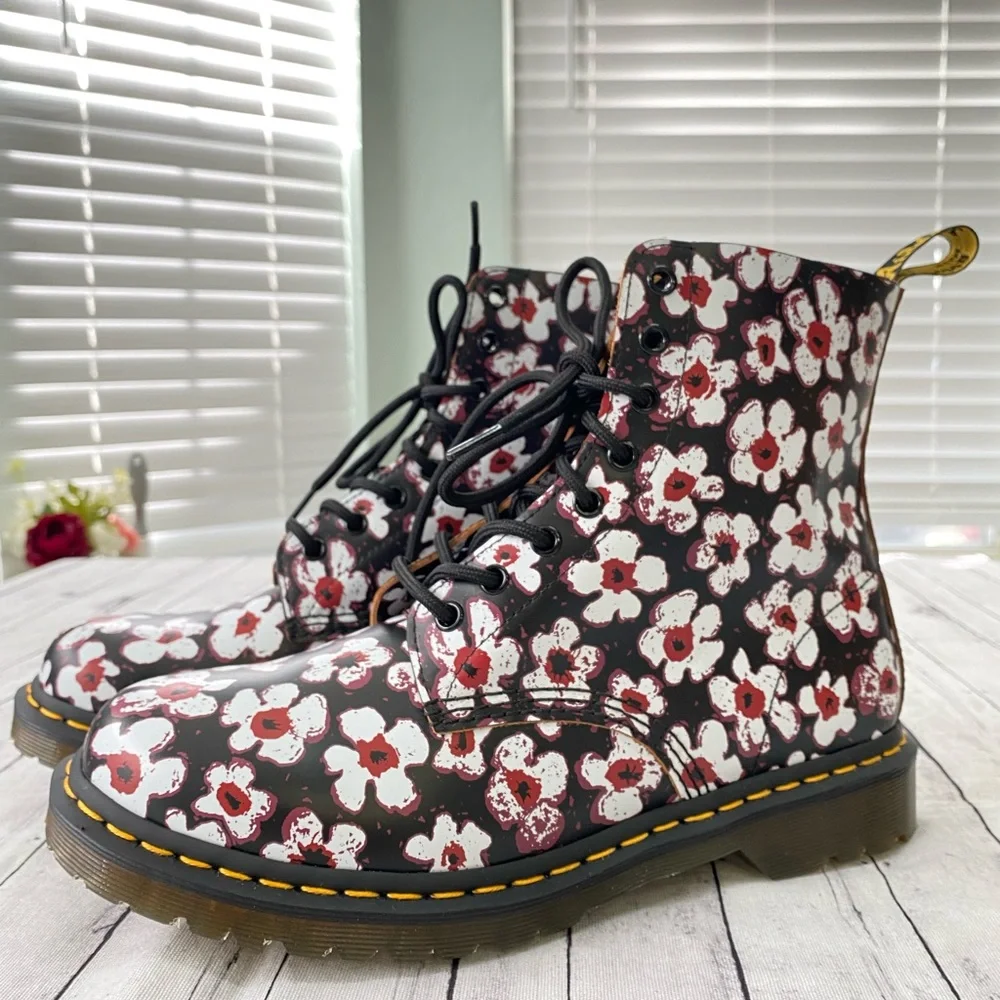 Dr. Martens Black Floral Patent Lace-Up Ankle Boots